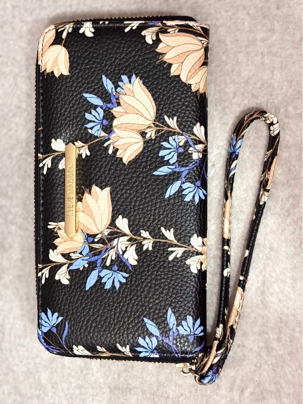 Steve Madden Black Floral Wristlet with Blue & Cream Blooms